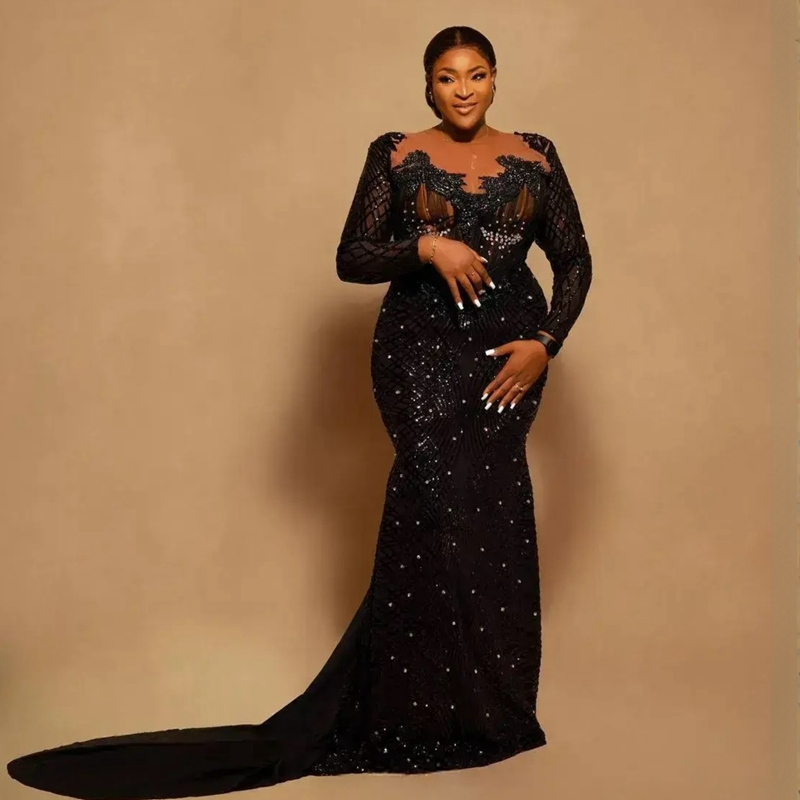 Plus Size Aso Ebi Party Prom Dress Long Sleeves Elegant Mermaid Evening Birthday Black Girl's Dresses African Arabic Style Formal Gowns Sheer Nec