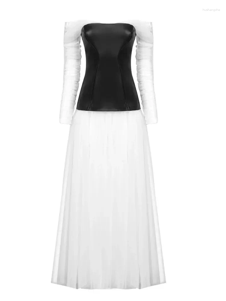 Casual Dresses Luxury Elegant Prom Gowns Women Long Sleeve Off Shoulder White Mesh Black Leather Patchwork Maxi Celebrity Evening