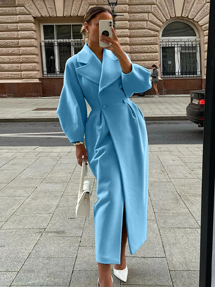 Women's Wool Blends Autumn Lantern Sleeve Women Woolen OverCoat Lapel DoubleBreasted Office Lady Long Jackets Windbreaker Streetwear Female Coats