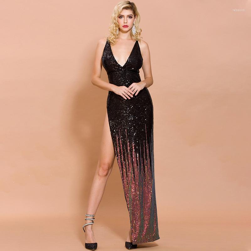 New Casual Dresses Women Summer V-Neck Tank Off Shoulder Backless Sparkly Glitter Asymmetry Split Luxury Ankle-Length Party Dress Black