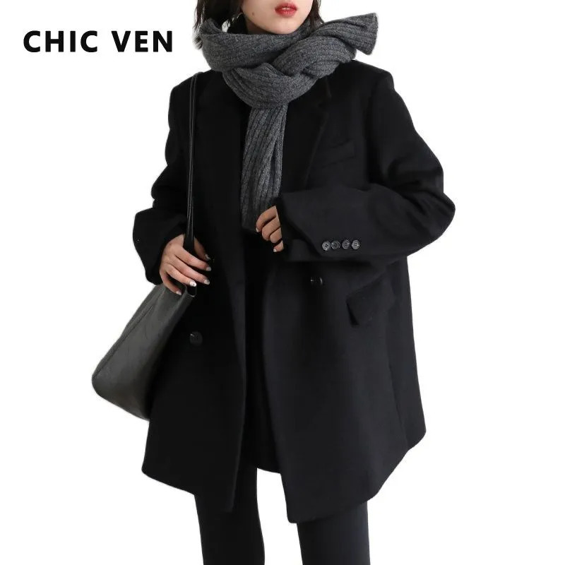 Women's Wool Blends CHIC VEN Women Blend Coat Solid Mid Long Woolen Blazer Thick Warm Blouse Overcoat Office Lady Tops Autumn Winter 231120