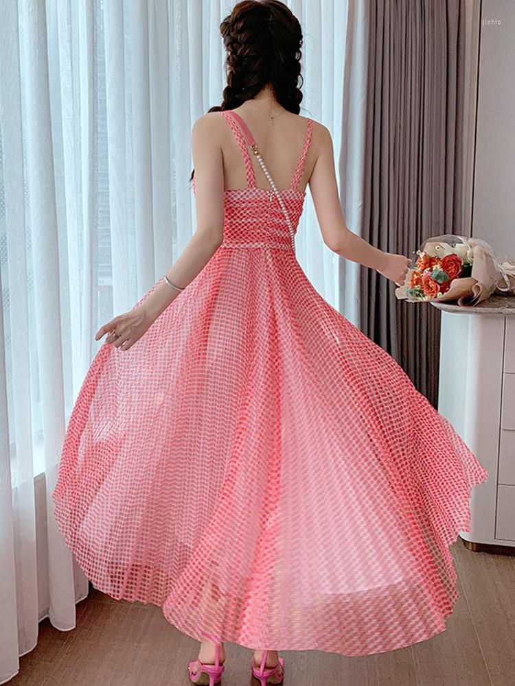 New Casual Dresses 2024 Summer Women Maxi Dress Sweet Beach Boho Mesh Red Dot V-neck Strap Slip Pleated Swing Robes Holiday Vestido