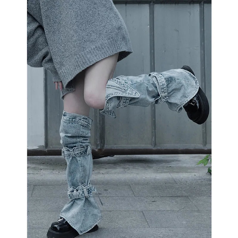 Socks Hosiery Women s Y2K Denim Leg Warmers 80s Knee High Harajuku Buckle Jean Punk Gothic Cover Stockings Streetwear 231120
