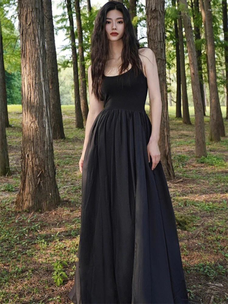 Casual Dresses Women Summer Elegent Sleeveless Big Swing Long Black Dress Female Fashion One Piece Vestidos Korean C