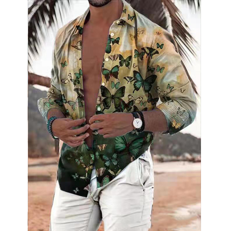 3D Butterfly Print Hawaiian Shirt For Men - Summer Beach Casual Long Sleeve Button Down Blouse