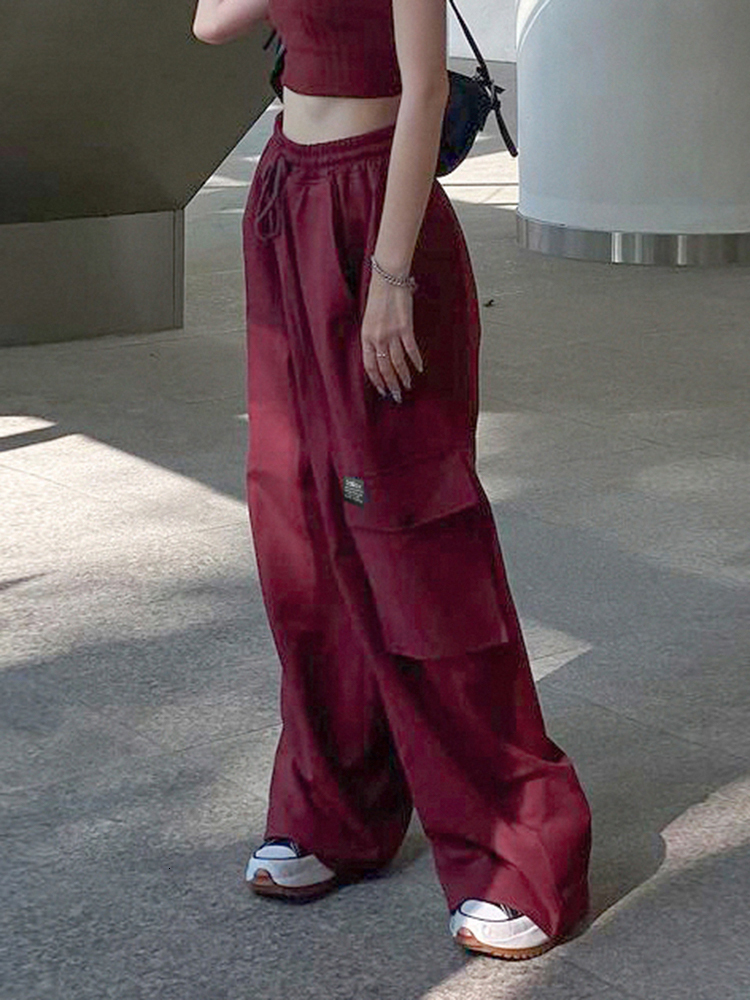 Women's Pants Capris Weekeep Red Baggy Cargo Pants Drawstring Elastic High Waist Casual Pants Pocket Korean Fashion Sweatpants Streetwear Women S