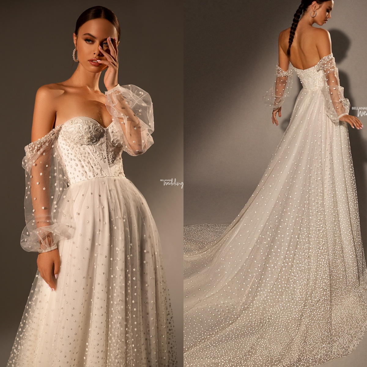 Bohemian 2024 Wedding Dresses Polka Dot Tulle The Shoulder A Line Boho Long Sleeve Bridal Gowns Sweep Train Robe de Mariage