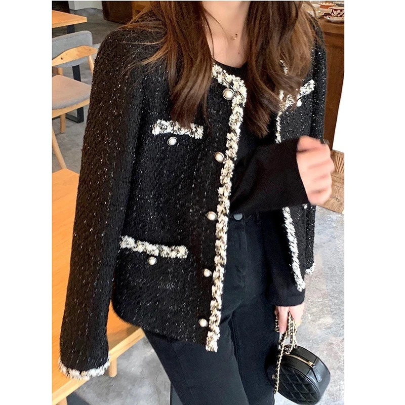 Womens Jackets French Tweed Women Small Fragrant Autumn Korean Woolen Short Outerwear Elegant Black Plaid Coat Pockets Office Pearls 231120