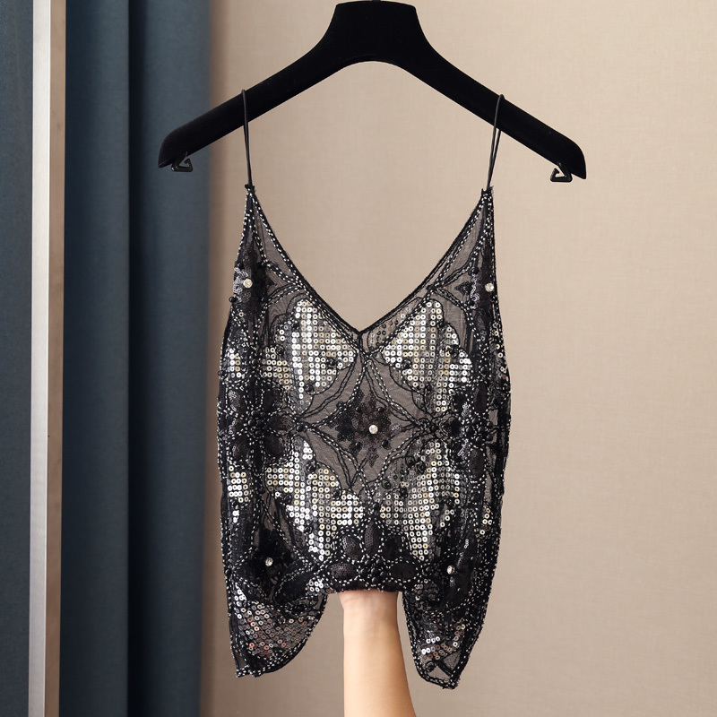 Camisoles Tanks Sexy Hollow Out Women Lace Camis Bead Work Women Tanks Tops Bling Gold Sequins Camis 230421