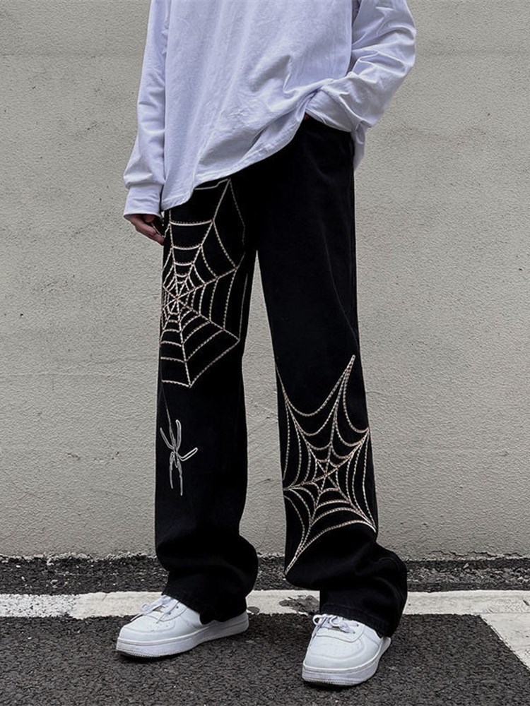 Women's Pants Capris Grunge Punk spider web print Black Women's pants goth Streetwear Oversize Wide Leg Trousers 90s Vintage y2k clothes car