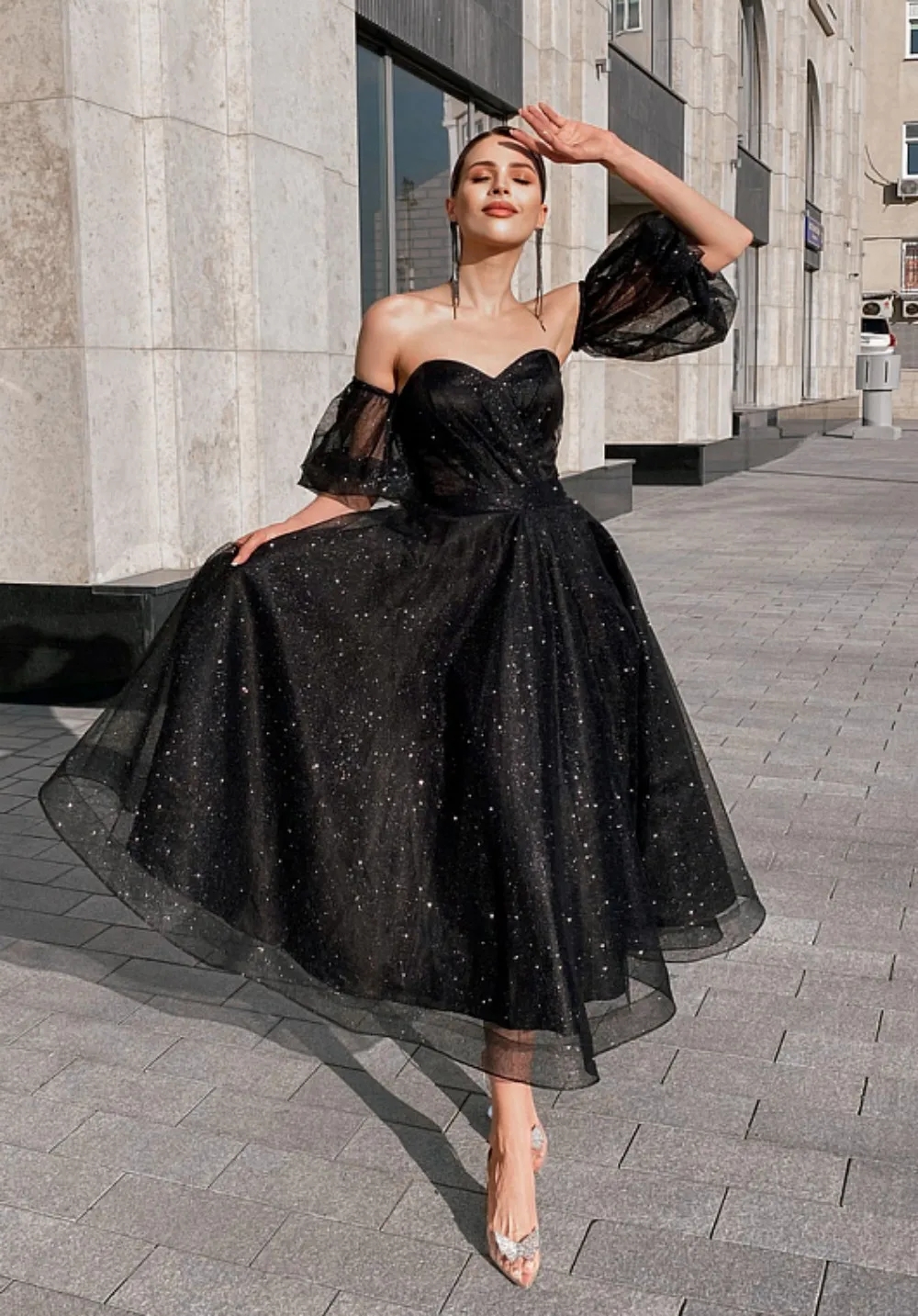 New Black Sequins Prom Dress 2024 With Removeale Sleeves Sweetheart Tea Length Evening Formal Birthday Party Gowns Robe De Soiree Vestidos De Noche