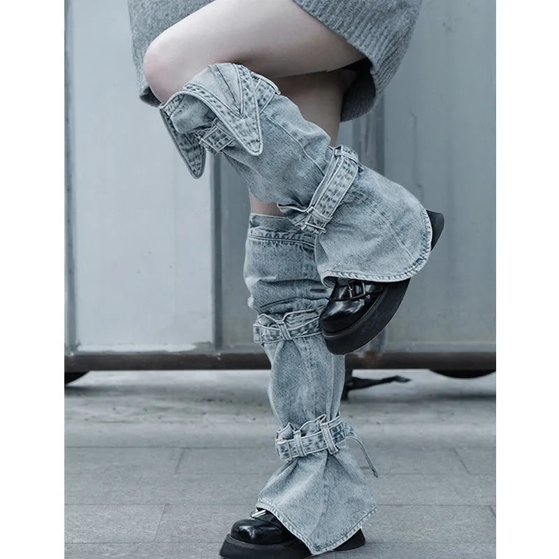 Socks Hosiery Women s Y2K Denim Leg Warmers 80s Knee High Harajuku Buckle Jean Punk Gothic Cover Stockings Streetwear 231120