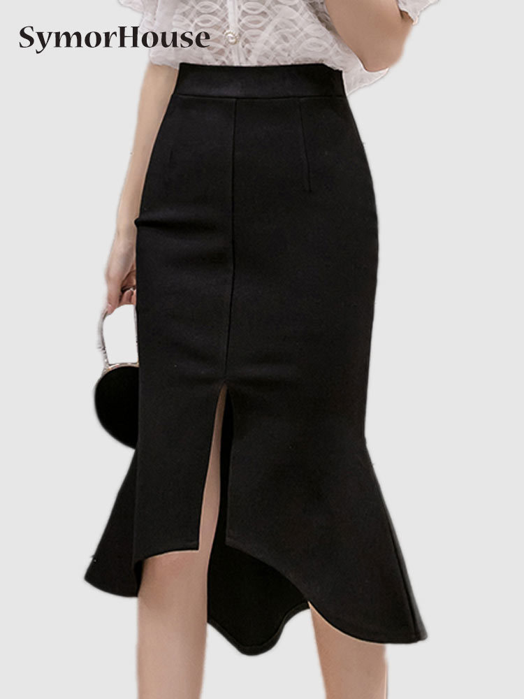 Skirt Black s Vintage Ruffles High Waist Split Midi Office Lady Irregular Stitching Mermaid Femme 230420