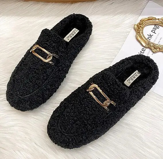 Winter Warm Plush Mules Women One Band Fur Slippers Cozy Cotton Shoes Woman Flats Cover Toe Fleeces Slides Femme Wool Pantuflas 231120 ddd