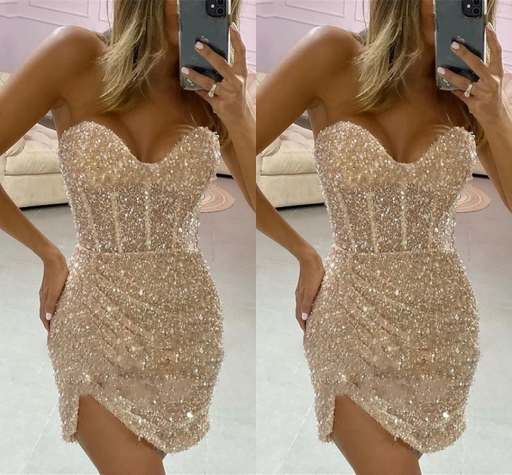Glitter Short Sequins Prom Dress 2024 Sweetheart Sleeveless Sheath Pageant Cocktail Party Gowns For Birthday Robe De Soriee Custom Made