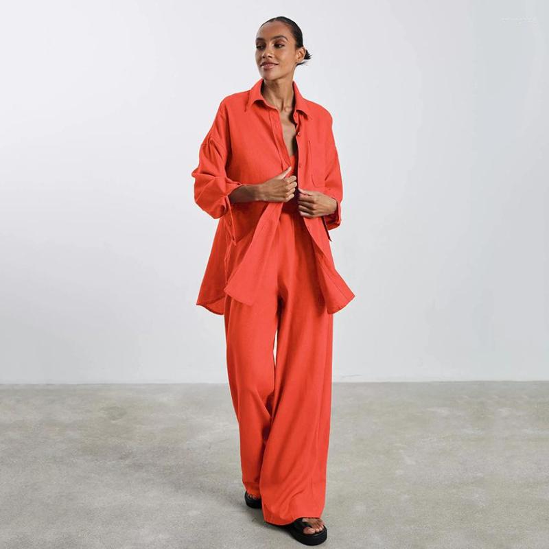 Women's Two Piece Pants 2023 Spring Summer Fashion Casual Suit Solid Color Lapel Long-sleeved Shirt Top Set Womens Outfits