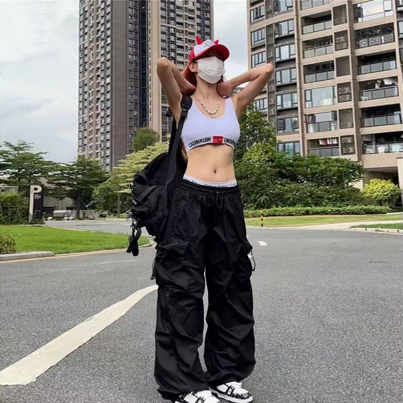 Women's Pants Capris Summer Parachute Black Pants Women Hippie Streetwear Oversize Pockets Cargo Trousers Harajuku Wide Leg Baggy Sweatpants Wome