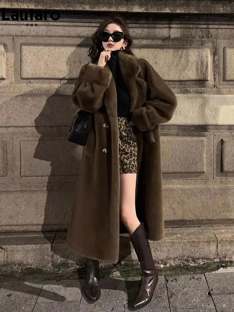 Women's Fur Faux Lautaro Autumn Winter Long Black Warm Thick Soft Mink Coat Women Double Breasted Loose Casual Chic Fluffy Overcoat 2023 231120