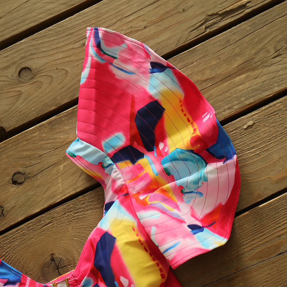 Women's Swimwear Sexy Ruffle Tie Die Print Swimwear Women Swimsuit Shoulder Ruffle Bathing Suit Backless Beach Wear Monkini 230421
