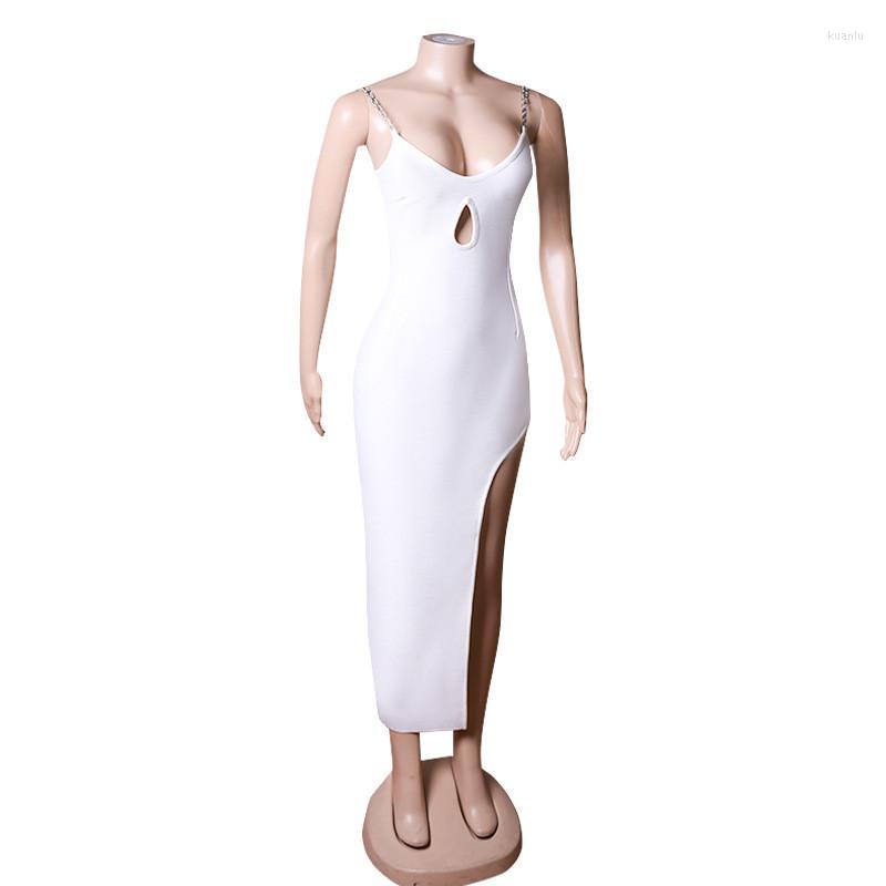 New Casual Dresses White Front Hollow Out Women Bandage Dress Bodycon Split Spaghetti Strap Maxi Elegant Party Club Long Vestidos