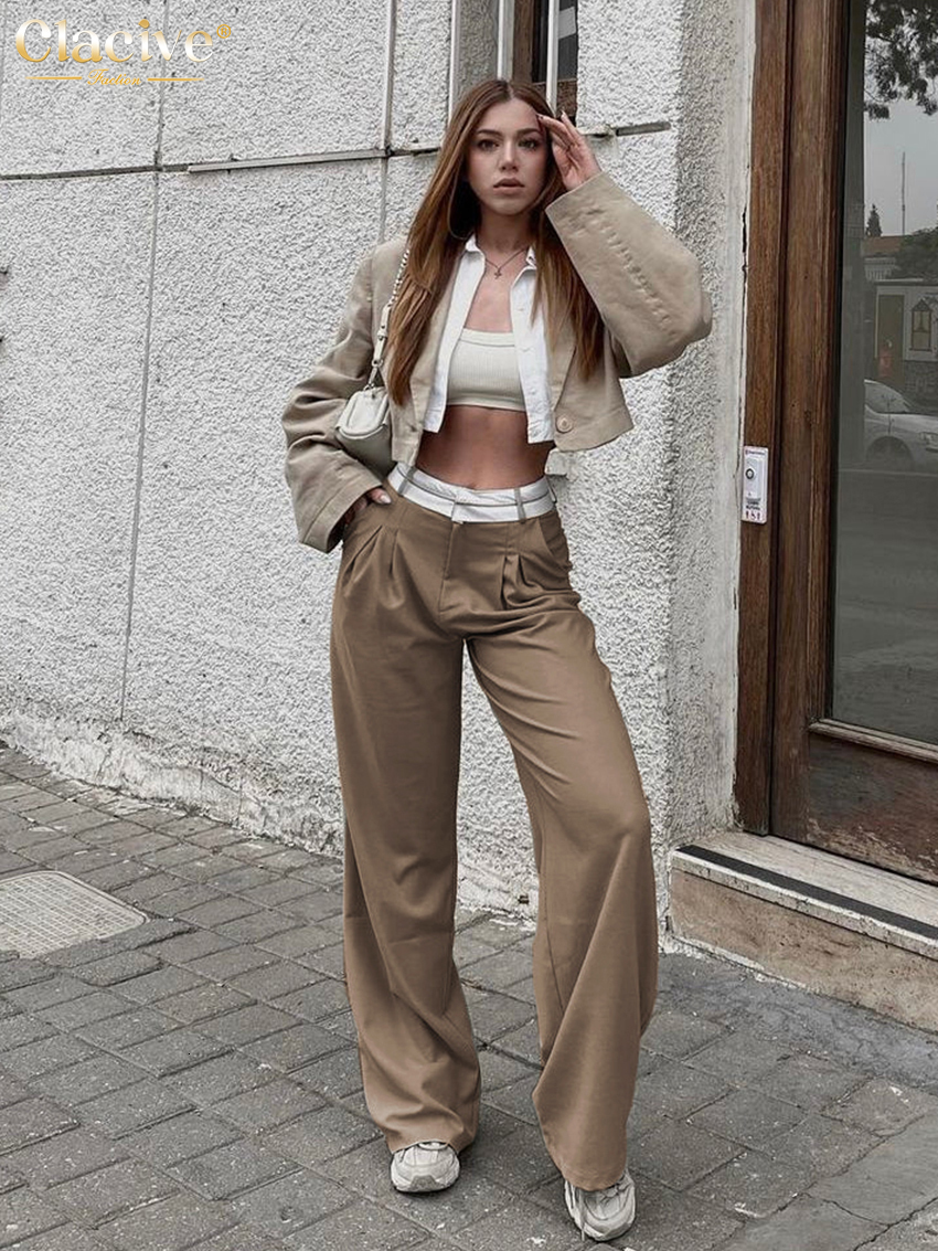 Women's Pants Capris Clacive Elegant Loose Gray Office Women Pants Fashion High Waist Straight Trousers Casual Chic Spliced Full Length Female Pa
