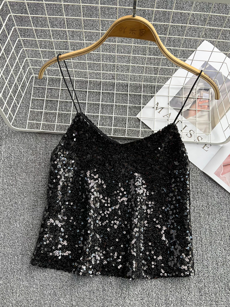 Camisoles Tanks HELIAR Sexy V Neck Shiny Sequin Camis Tops Women Sleeveless Off Shoulder Glitter Short Camisole Tank Evening Party Vest 230421