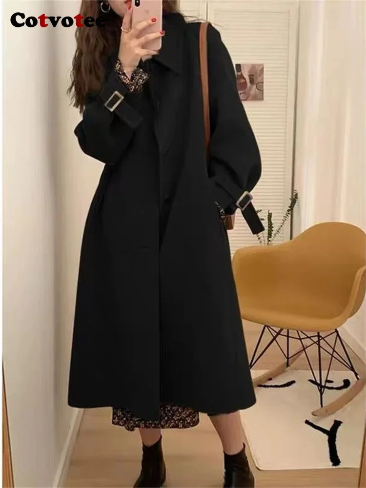 Women's Wool Blends Cotvotee Turn Down Collar Coat Women 2023 Autumn Winter Vintage Button Up Long Coats Sleeve Casual Loose Jacket 231120