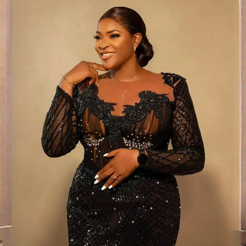 Plus Size Aso Ebi Party Prom Dress Long Sleeves Elegant Mermaid Evening Birthday Black Girl's Dresses African Arabic Style Formal Gowns Sheer Nec