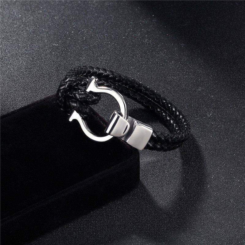 Men Jewelry Punk Black Braided Geunine Leather Bracelet Stainless Steel Anchor Buckle Fashion Bangles gift