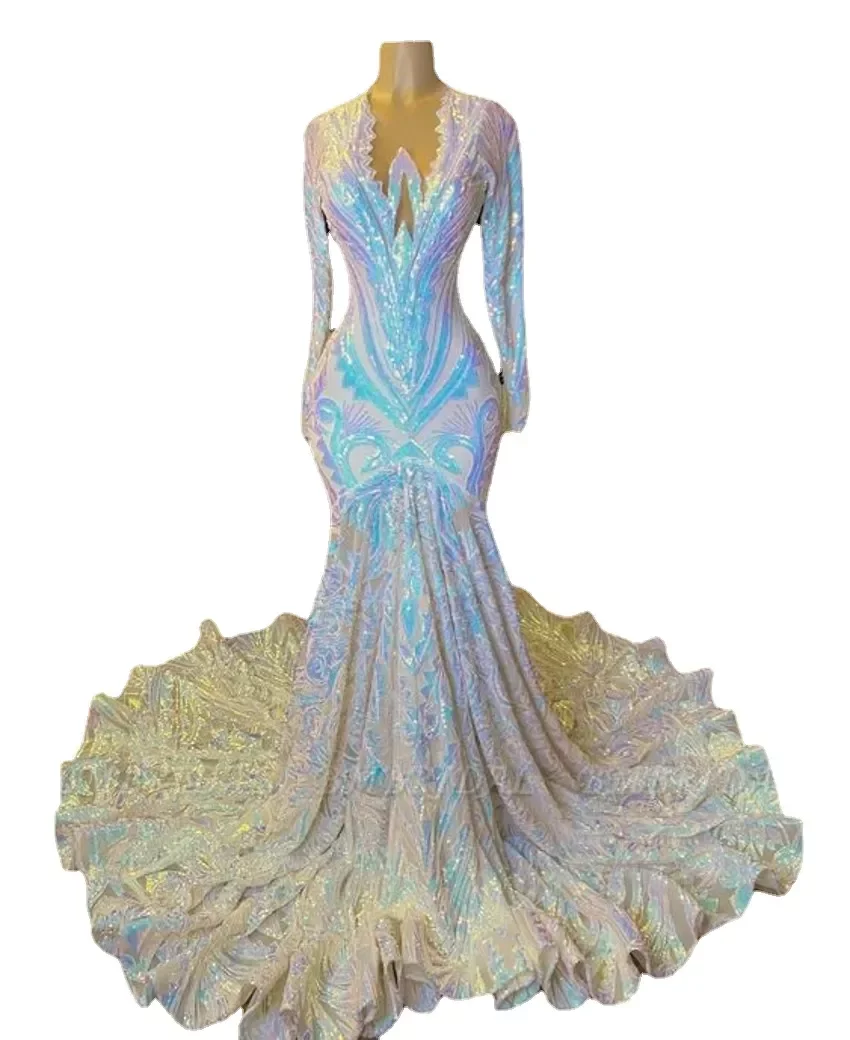 Stunning Sequined Long Sleeves Mermaid Dresses Sexy V Neck Petal Flora Black Girls Prom Evening Party Gowns Dress Plus Size Bc14411