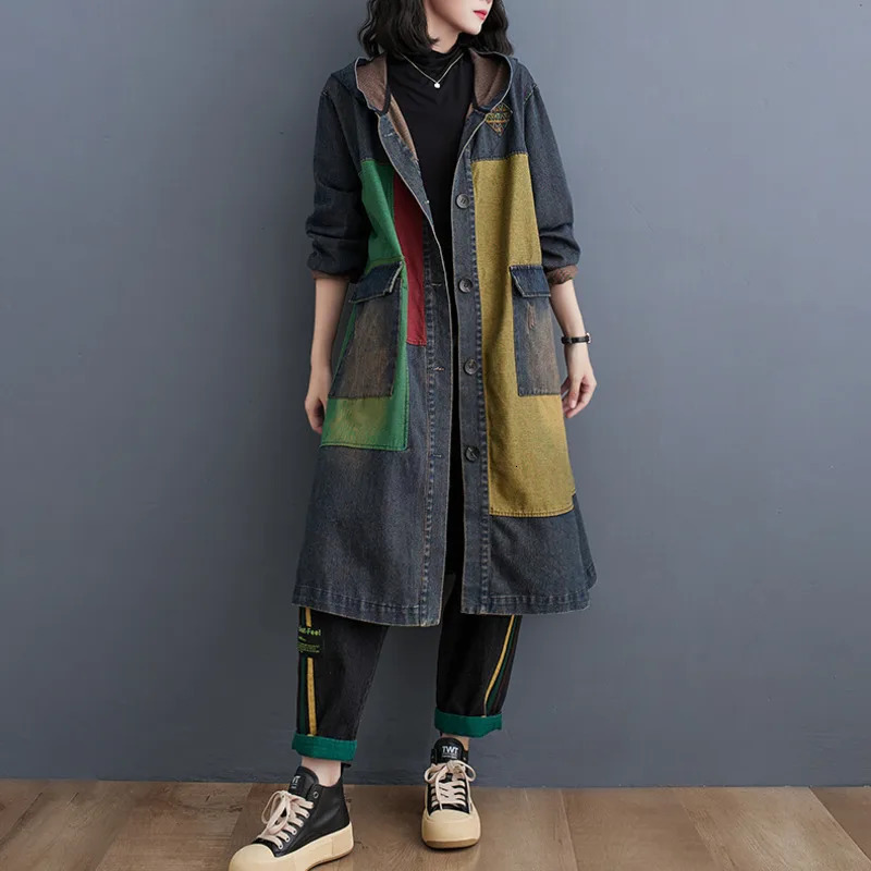 Women's Jackets 7057 Autumn Winter Long Denim Jacket Spliced Color Hooded Jeans Loose Pockets Streetwear Windbreaker Coat 231120