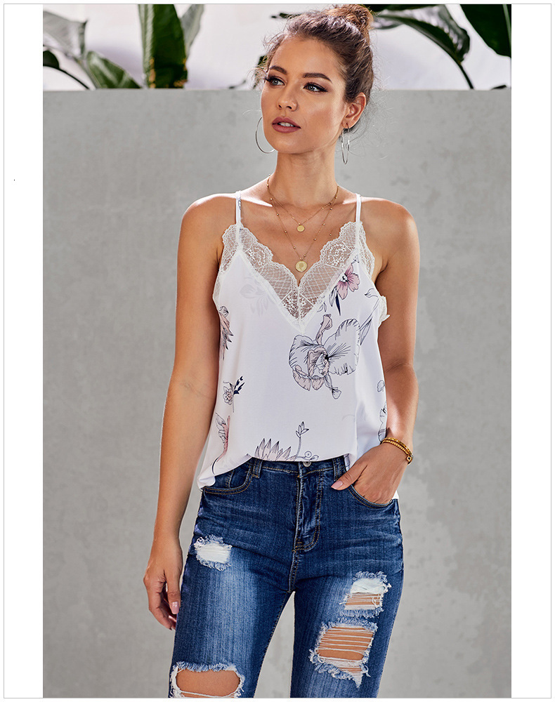 Camisoles Tanks Women Large Size Lace Trim Print Floral Tanks Tops Casual V Neck Female Slim Fit Bottoming Vest Camisole T Shirt Summer 230421