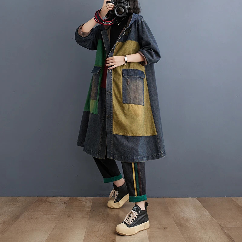 Women's Jackets 7057 Autumn Winter Long Denim Jacket Spliced Color Hooded Jeans Loose Pockets Streetwear Windbreaker Coat 231120