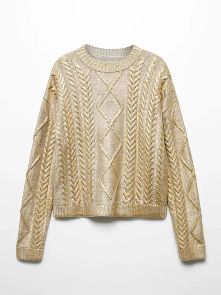 Women's Sweaters Women Gold O Neck Sweaters Causal Long Sleeve Bright Silk Thread Knit Pullover Autumn Elegant Office Ladies Chic Loose Jumpers 2