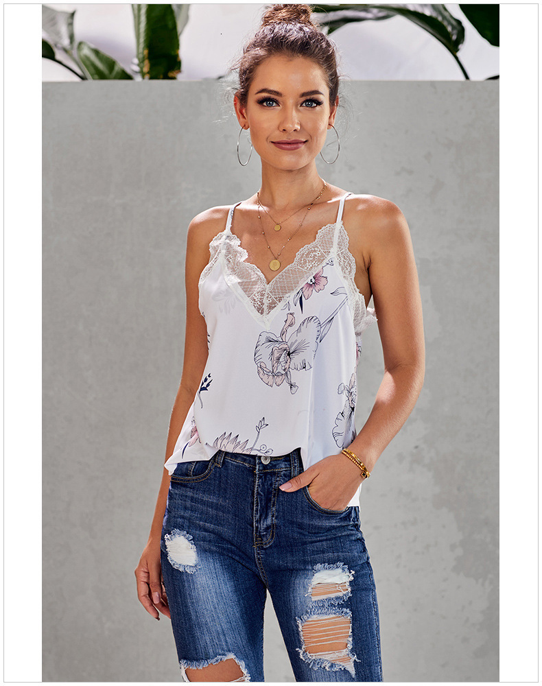 Camisoles Tanks Women Large Size Lace Trim Print Floral Tanks Tops Casual V Neck Female Slim Fit Bottoming Vest Camisole T Shirt Summer 230421