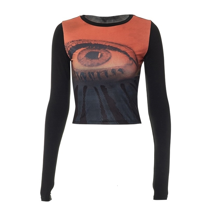 Womens TShirt Aesthetic Vintage Apparel Y2K Eye Crop Top Black Patchwork Halloween Women Long Sleeve Harajuku Streetwear Egirl Tee 230420