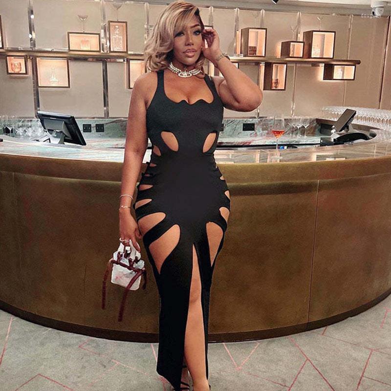 New Casual Dresses Sexy Black Hollow Out Bandage For Women 2024 Party Night Club Long Elegant Celebrity Prom Bodycon Maxi Dress
