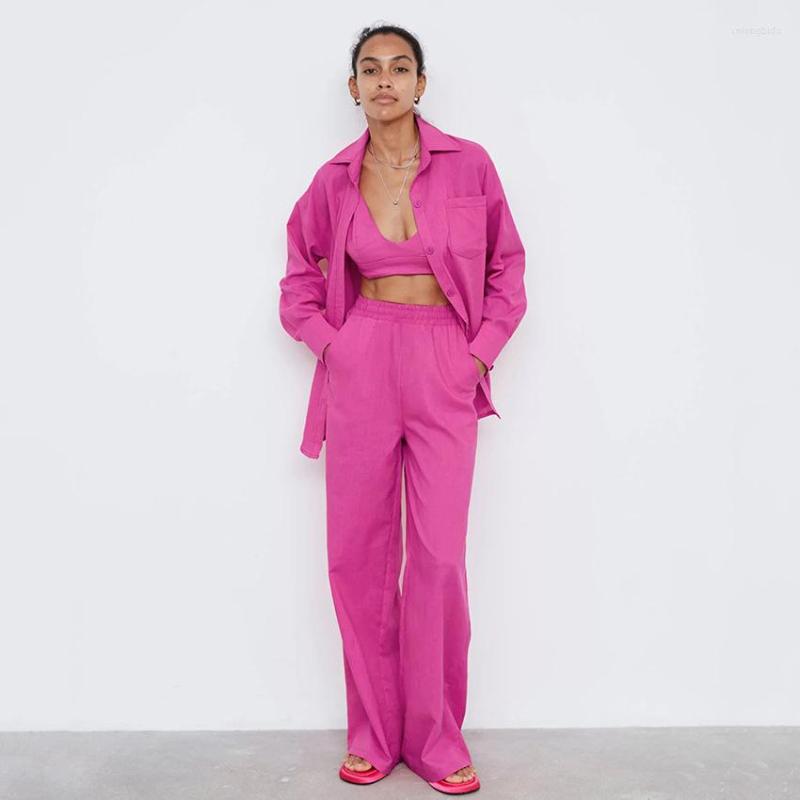Women's Two Piece Pants 2023 Spring Summer Fashion Casual Suit Solid Color Lapel Long-sleeved Shirt Top Set Womens Outfits