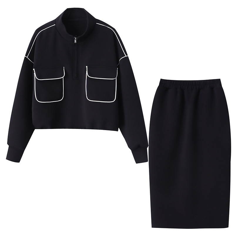 Two Piece Dress 80% cotton spring small lapel suit women's casual lazy trend ins loose half zipper sweater dress ladies two-piece suit 230421