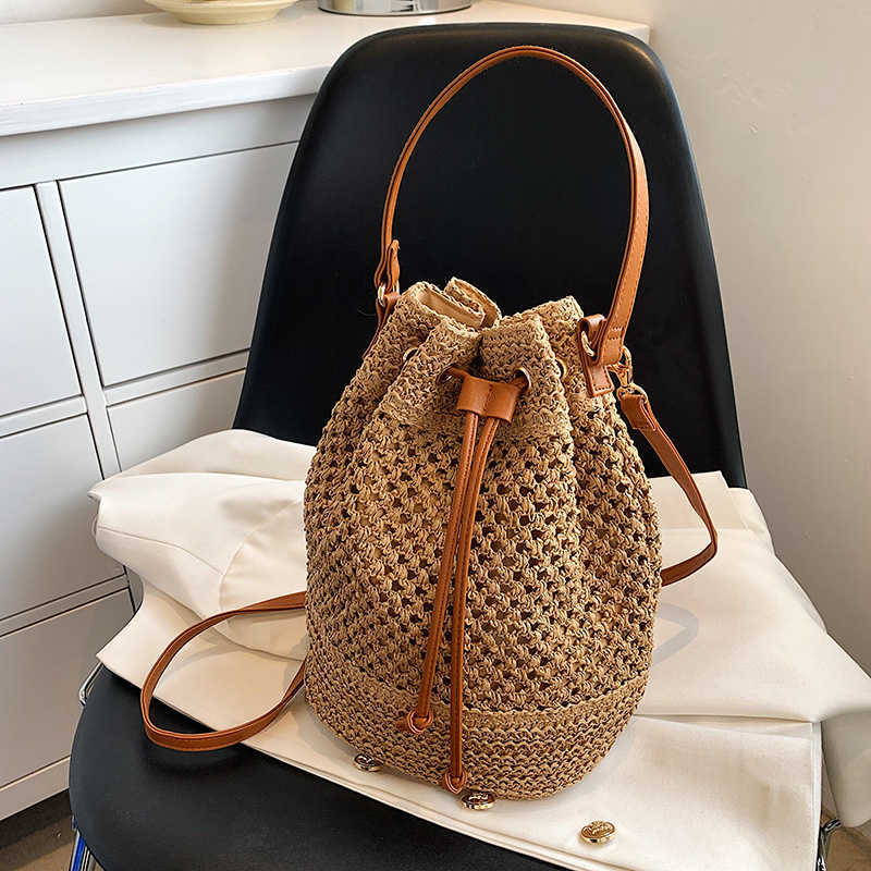 Evening Bags Drawstring Women's Straw Bucket Bag Summer Woven Shoulder Bags Purse Beach Handbag Trends Straw Handbags Casual Crossbody Bag J23042