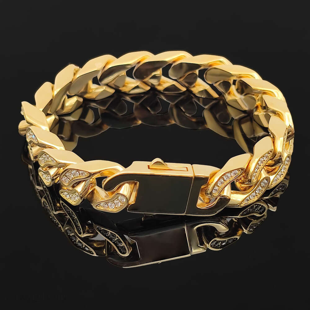 Gold studded Cuban bracelet hip-hop trendy brand full diamond jewelry stainless steel four sided grinding bracelet