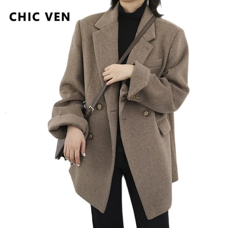 Women's Wool Blends CHIC VEN Women Blend Coat Solid Mid Long Woolen Blazer Thick Warm Blouse Overcoat Office Lady Tops Autumn Winter 231120