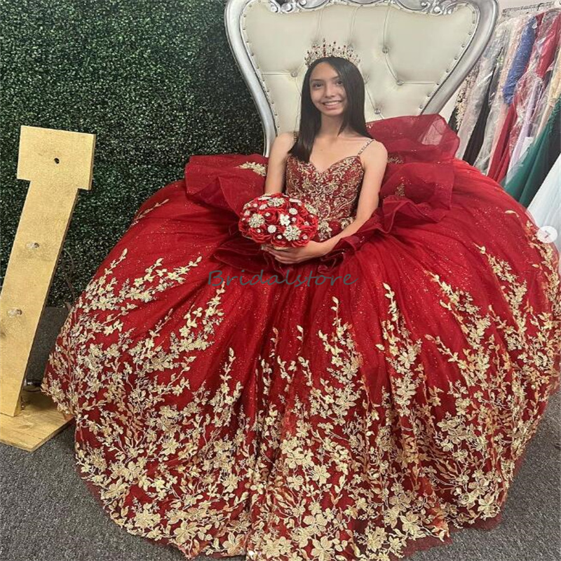 Beautiufl Red Quinceanera Dresses 2023 With Gold Lace Sexy Spaghetti Straps Ball Gown Sweet 16 Party Dress Lace Up Vestidos De Xv Charro Birthday Cere
