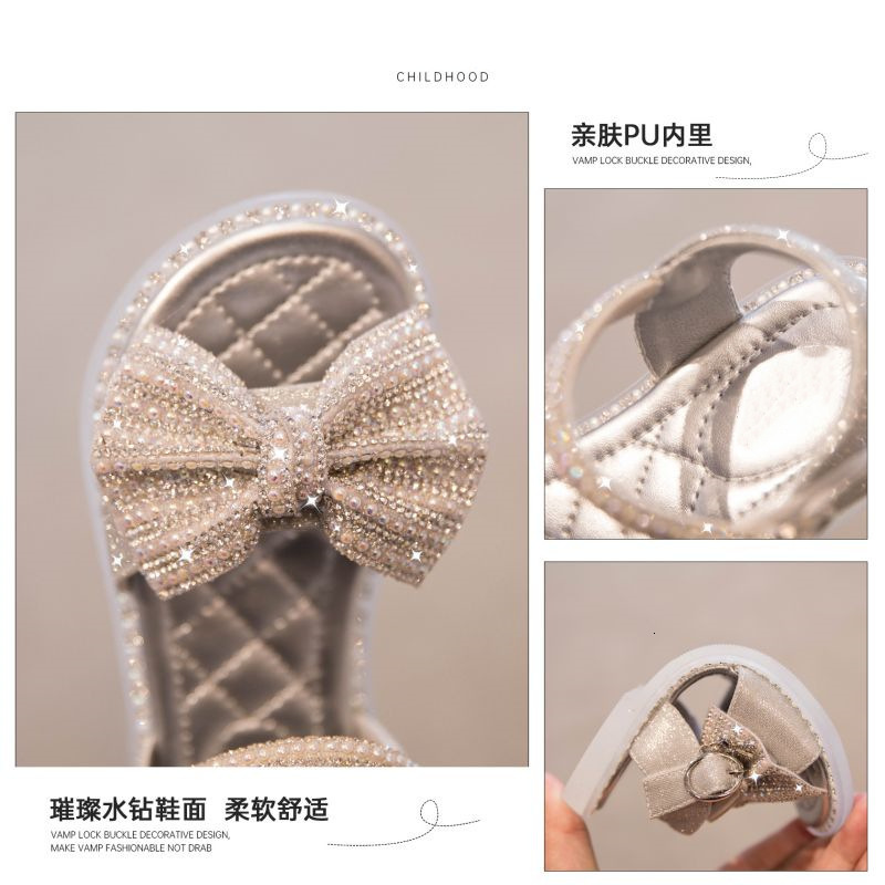 Sandals Summer Children's Princess Sandals Rhinestones Bowtie Elegant Fashion Sandals Non-slip Breathable Solf Girls Shoes Kids Sandals 230421
