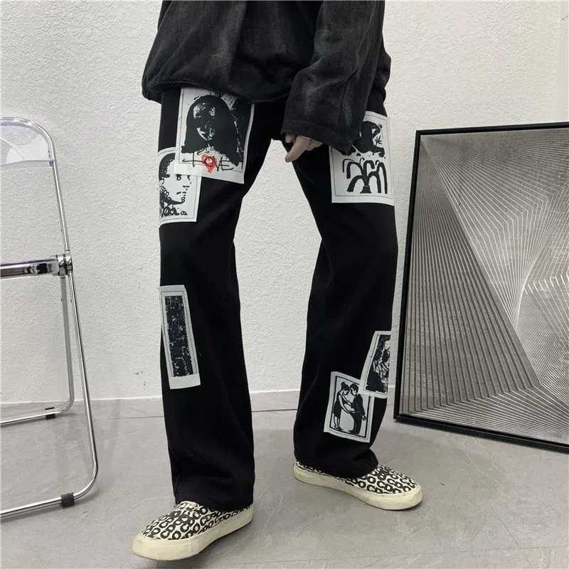 Men's Jeans Korean Fashion Unisex High Waist Hippie Pants Baggy Jeans Trousers Graffiti Comic Stickers Harajuku Straight Wide Leg Y2k Pants J2304