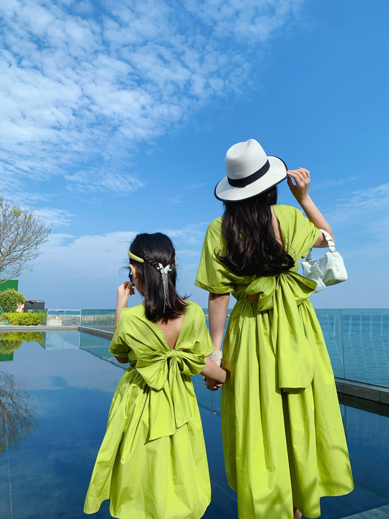 Family Matching Outfits Mother Daughter Dresses Backless Big Bow Family Matching Vestidos Summer Mommy And Me Clothes Women Girls Dress Short Sleeve 2