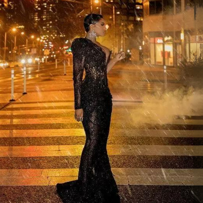 Black Plus Size Aso Ebi Prom Dresses One Shoulder Mermaid Lace Beaded Rhie African Nigeria Women Evening Dress Second Reception Gowns Long Train