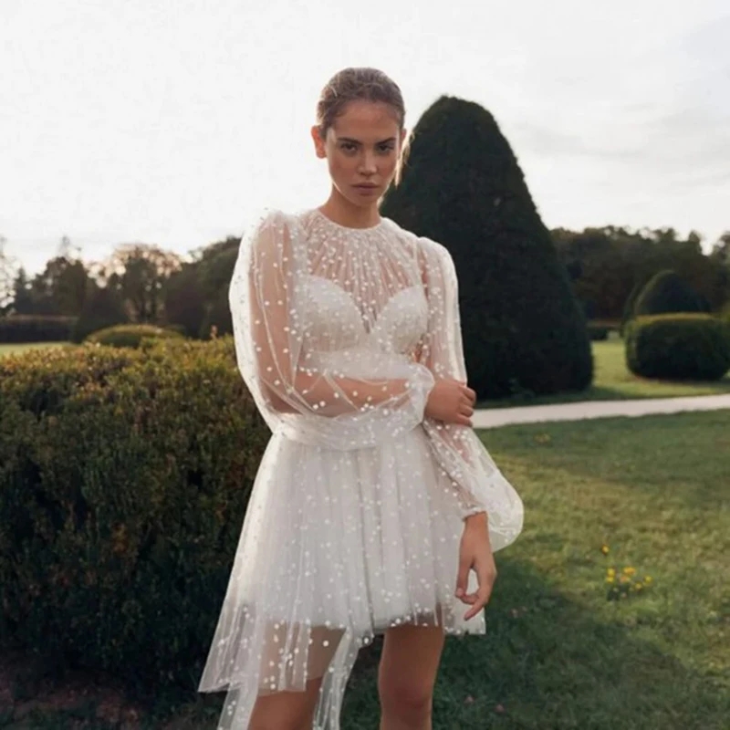 O Neck Long Puff Sleeve Mini Wedding Dress 2024 High/Low Dot Net Tulle Simple Short Trendy Beach Bridal Gowns Eleagnt Vestidos De Novia