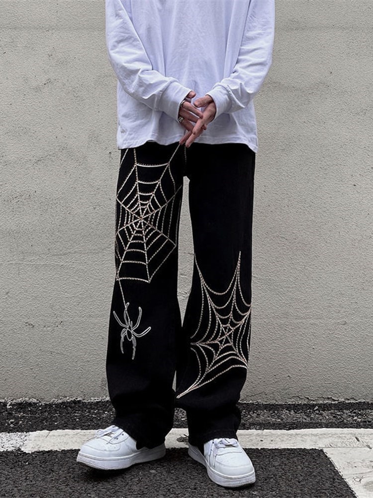 Women's Pants Capris Grunge Punk spider web print Black Women's pants goth Streetwear Oversize Wide Leg Trousers 90s Vintage y2k clothes car