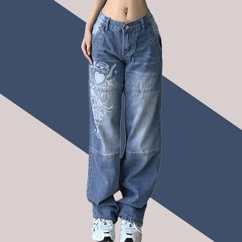 Women's Jeans Harajuku printed Cargo Jeans Y2K Dark Blue brown High Waist Streetwear 90S Baggy Jeans Women Pants Straight wide leg jeans 230421